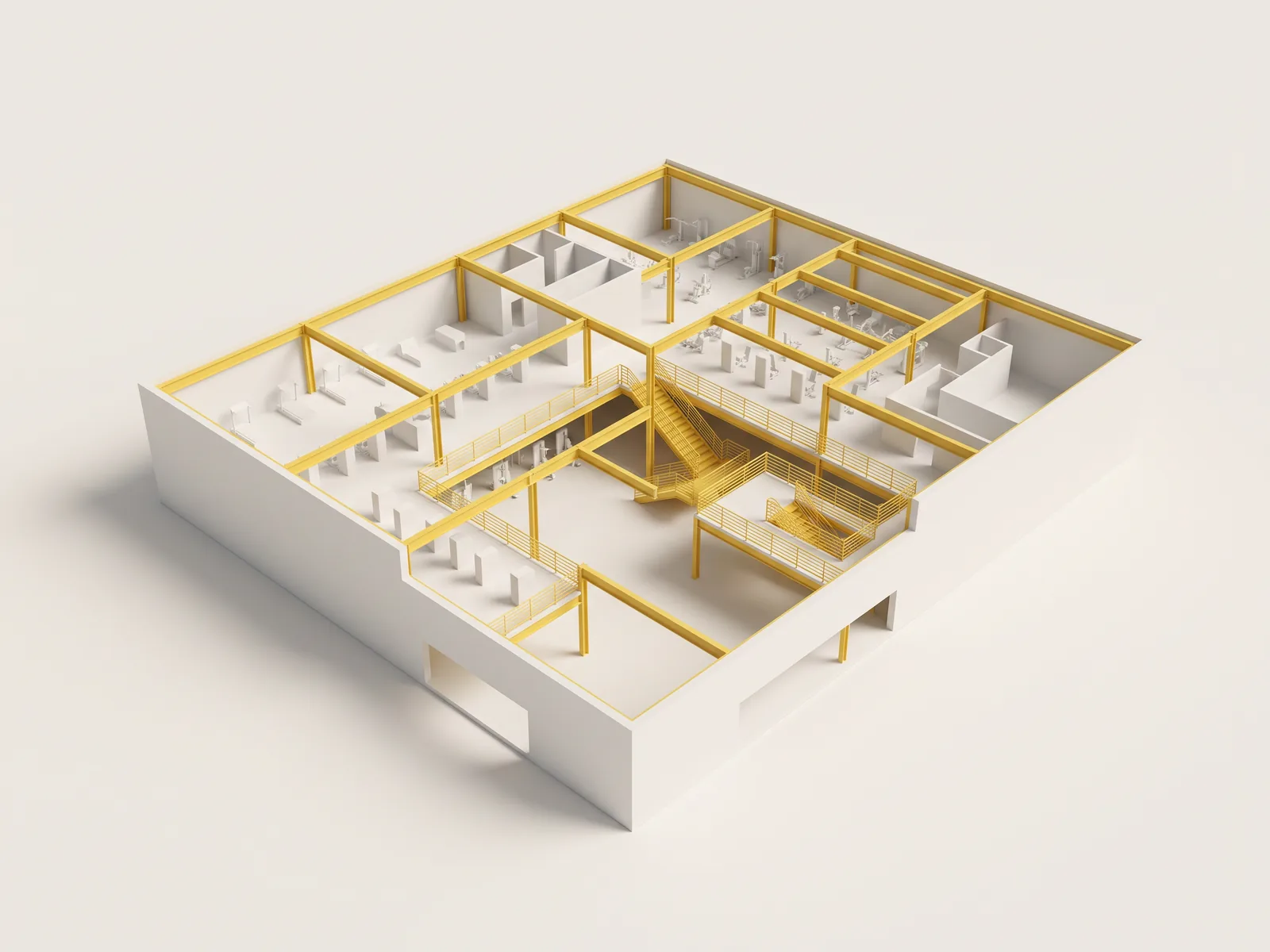 Structural steel and stair metalwork measured and priced for Club Studio Costa Mesa, shown on a cutaway model of the fitness club