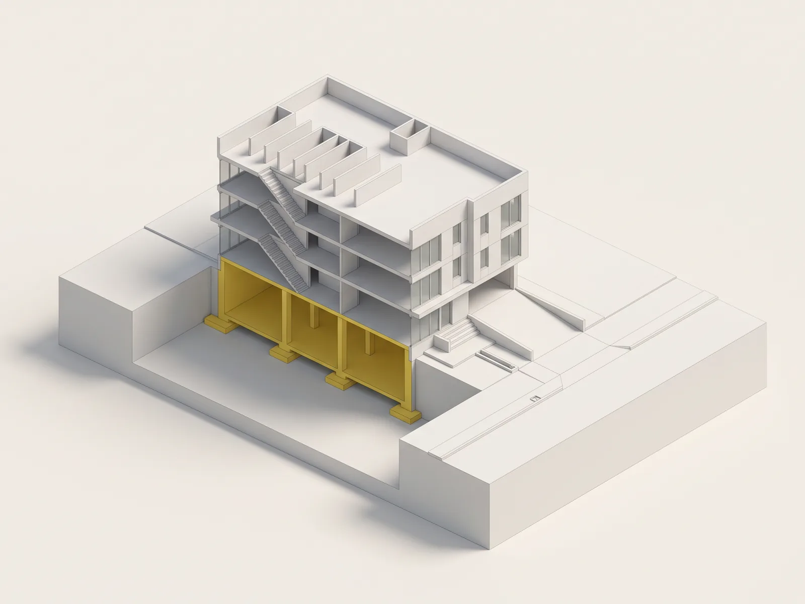 Footings, piers and slab measured and priced for 2930 Carleton St, shown on a section model of the mixed-use building