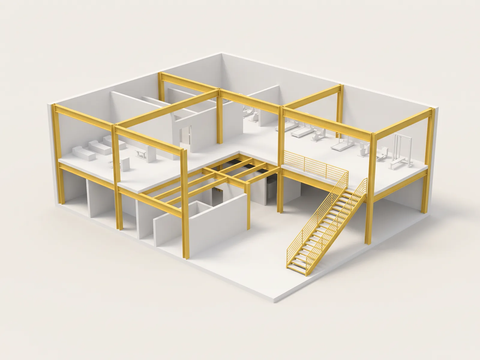 Steel framing, mezzanine and stairs measured and priced for Club Studio Whittier, shown on a cutaway model of the fitness club