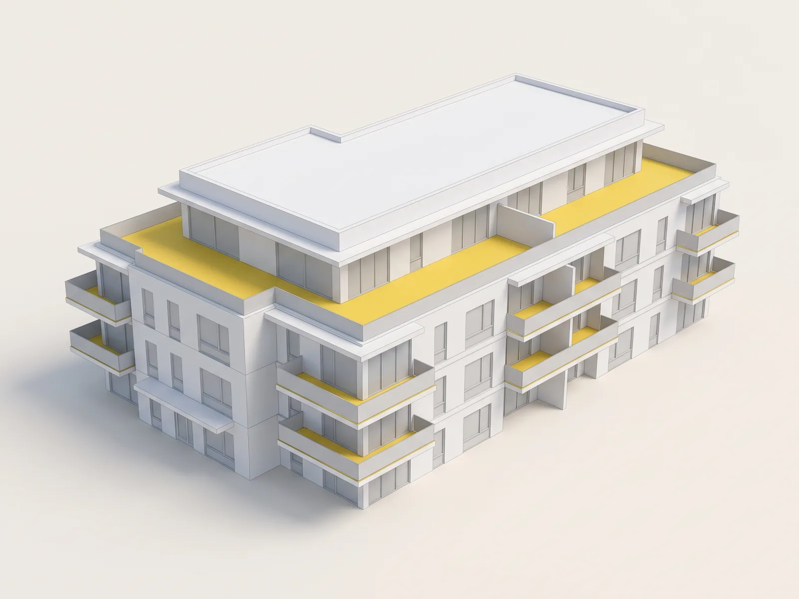 Waterproofed balconies and decks measured and priced for Kozo House, shown on a model of the residential building