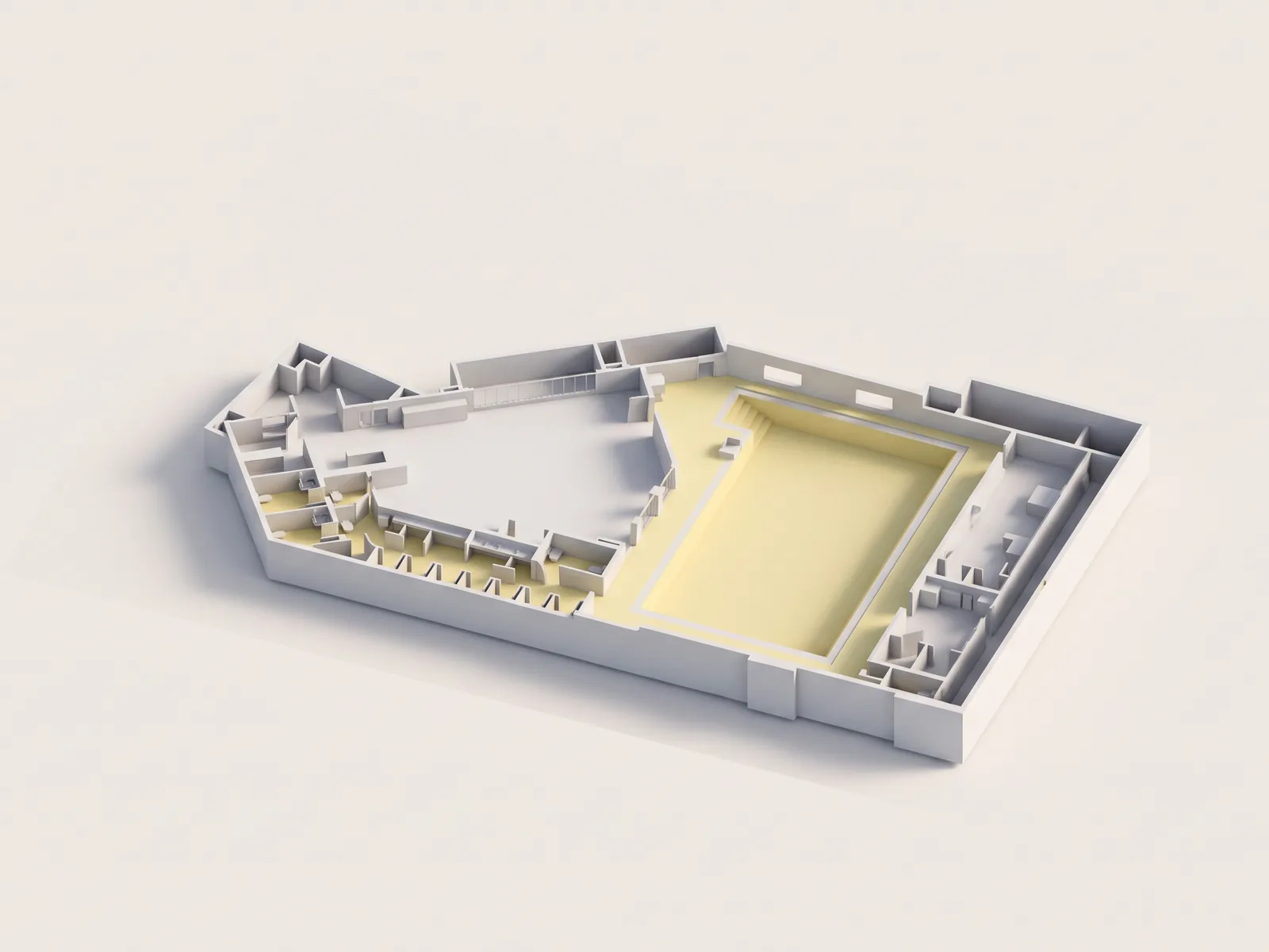Pool basin and wet-area floors measured and priced for Safe Splash, shown on a cutaway model of the recreation facility