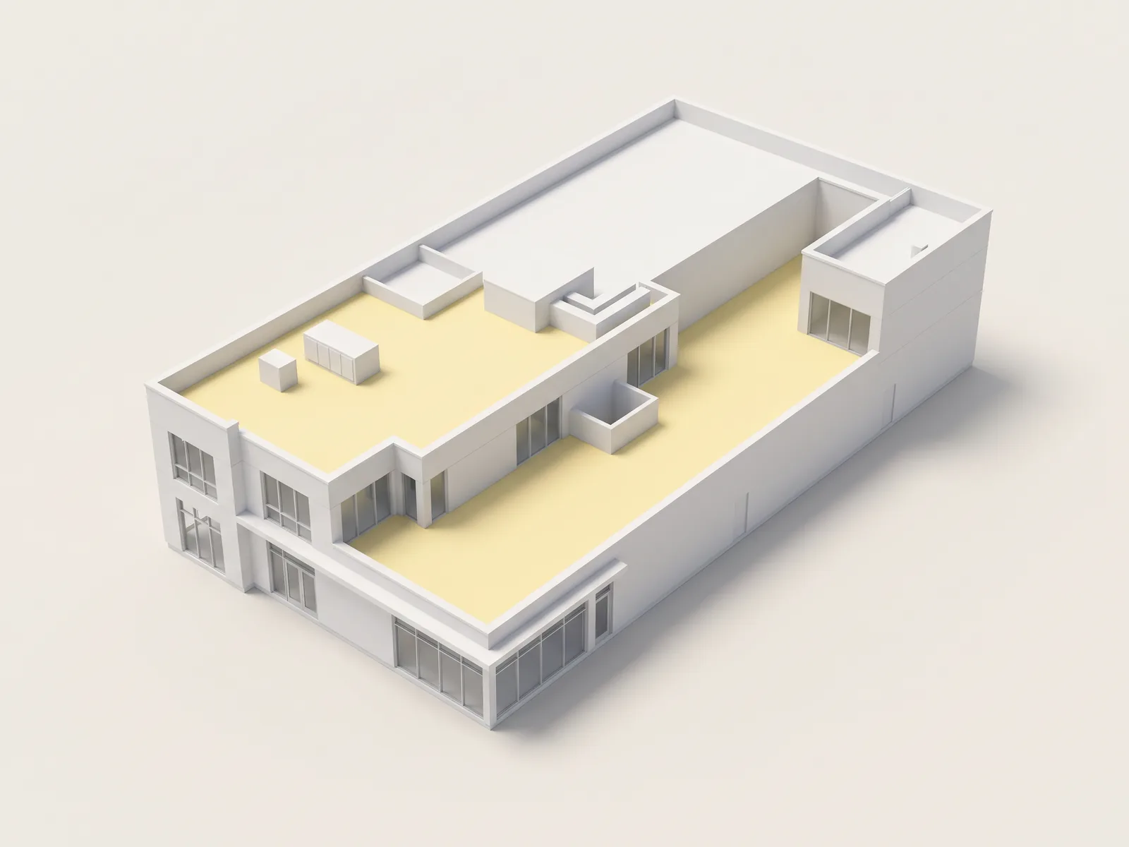 Roof membrane measured and priced for Boulevard Armitage, shown on a model of the commercial building