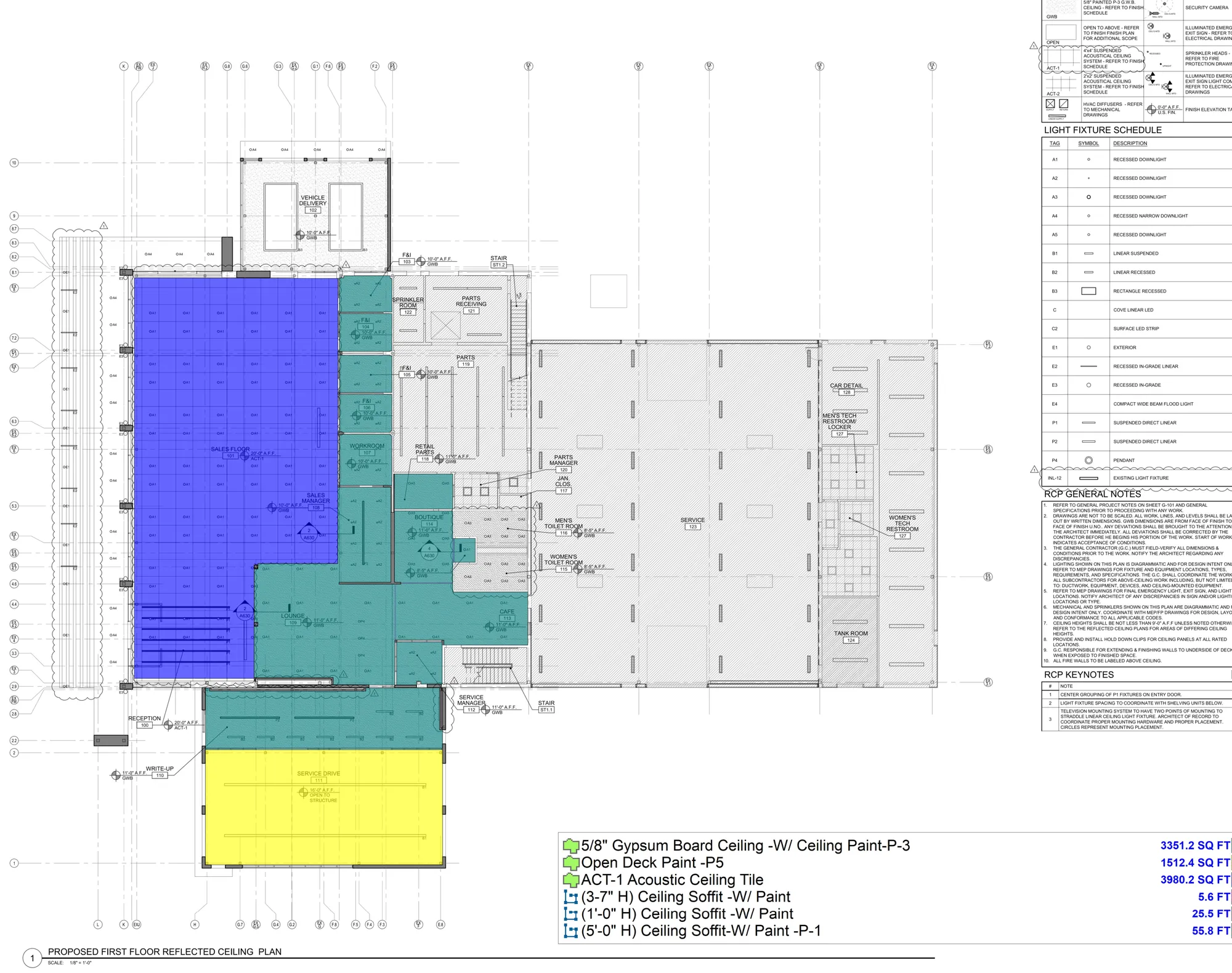 PlanSwift markup of a reflected ceiling plan with gypsum board ceilings, acoustic ceiling tile and open deck paint areas colored by item, and a legend listing each quantity