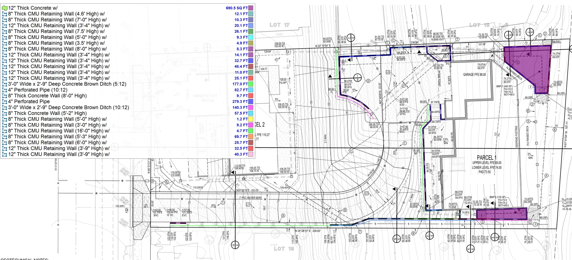 PlanSwift markup of a grading plan with CMU and concrete retaining walls, a brow ditch and perforated pipe traced in color, and a legend listing each wall's length
