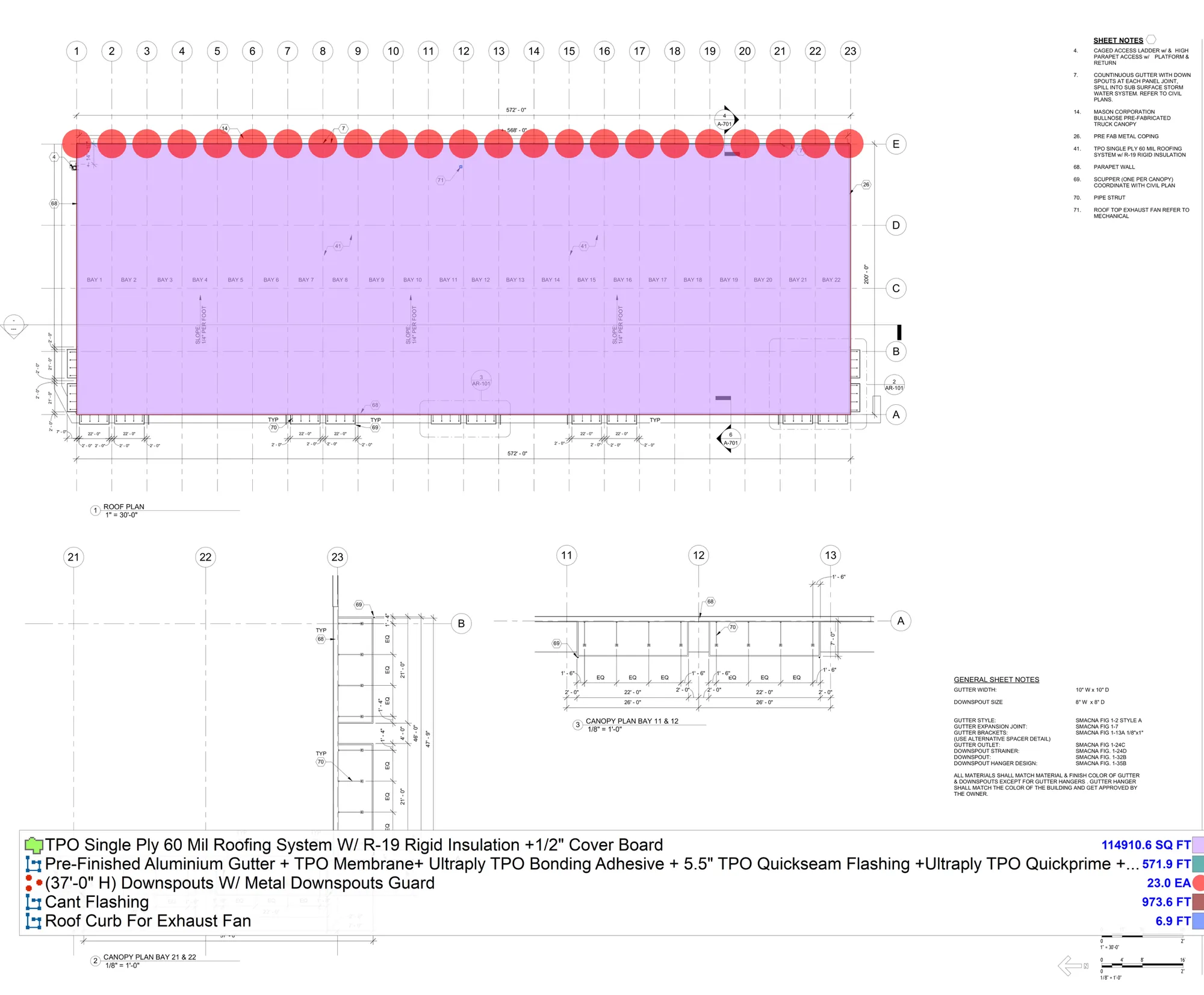 PlanSwift markup of an industrial roof plan with the TPO roof area shaded and 23 downspouts marked, and a legend listing each quantity