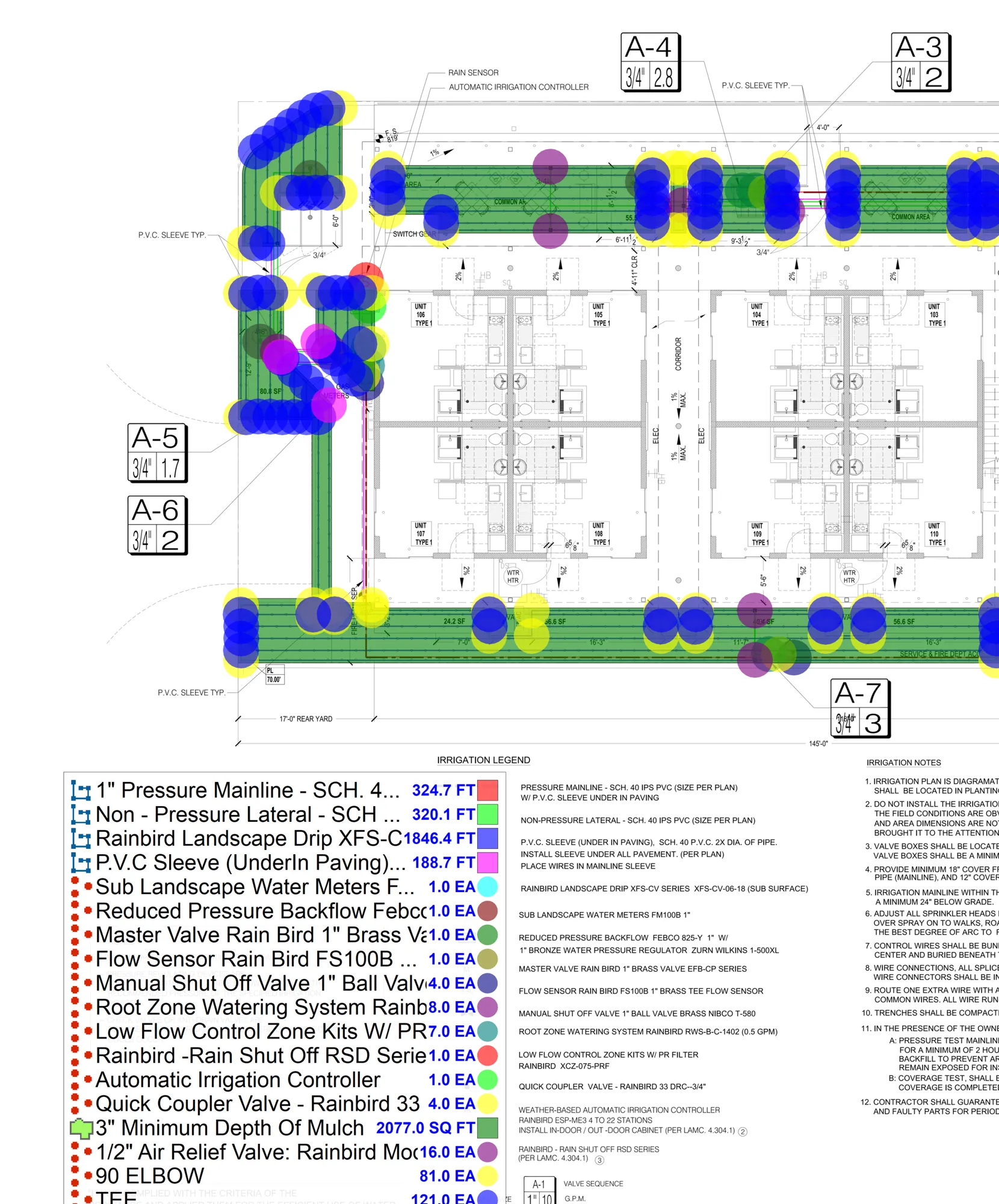 PlanSwift markup of an irrigation plan with drip zones, mainline and valves marked in color around a building, and a legend listing each quantity