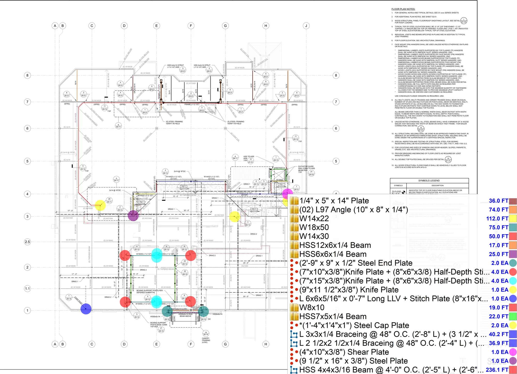 PlanSwift markup of a structural floor plan with steel beams, braces and connection plates marked in color, and a legend listing each member's length or count