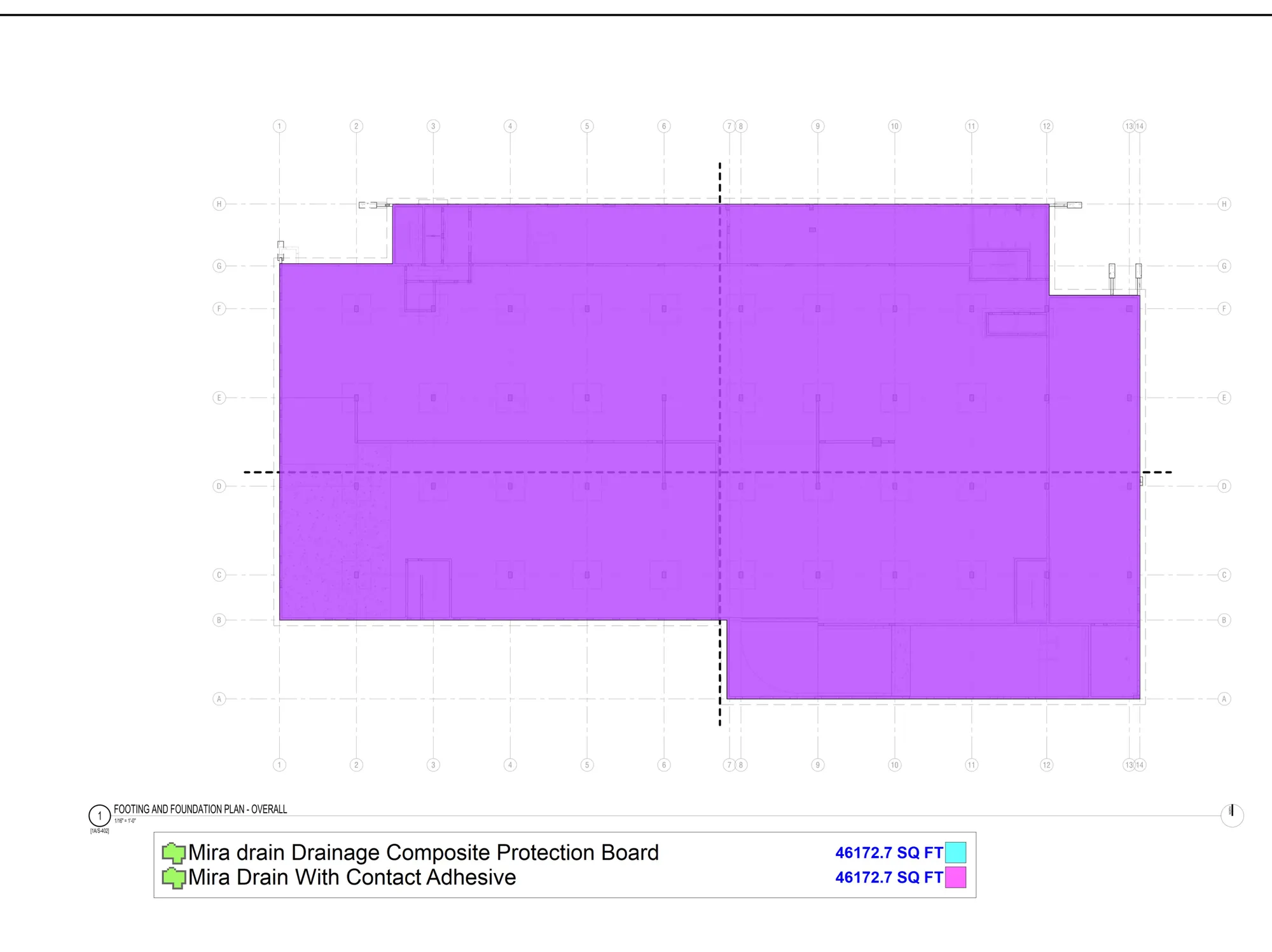 PlanSwift markup of a foundation plan with the drainage composite area shaded, and a legend listing the square footage